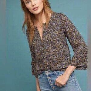 Maeve by Anthropologie Berwick Bell Sleeve Novelty Print Button‎ Up Top Size XS